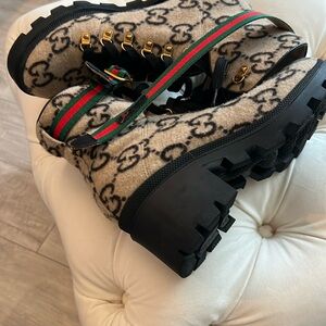 Beige and Black Logo Combat Boots